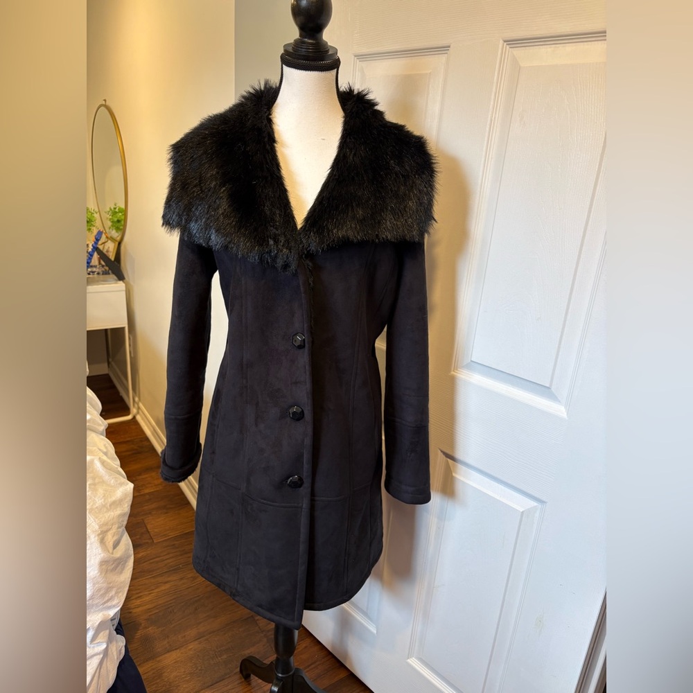 Nuage Faux Fur Collar Coat Black Faux Suede Winter Coat Lined Medium